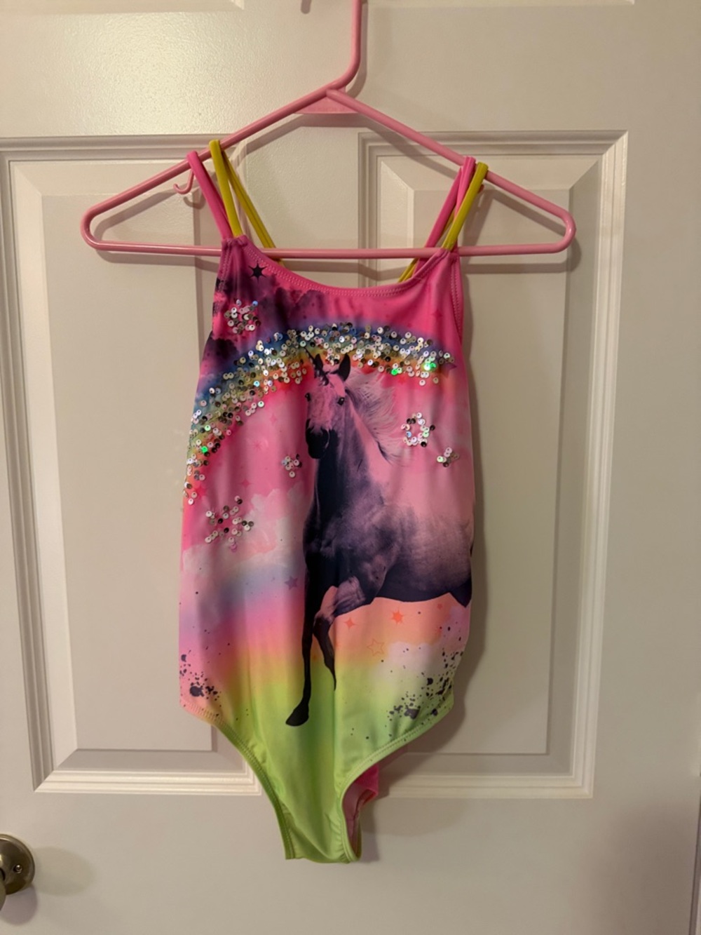 Sequin Rainbow Unicorn One-Piece Swimsuit - Pink & Lime